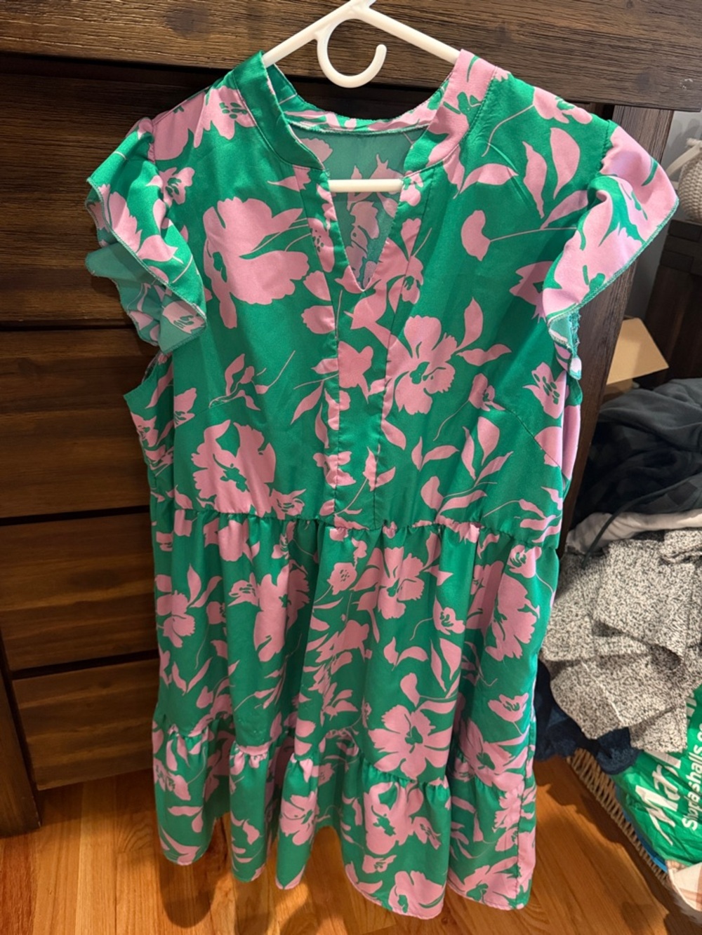 Women’s Green and Pink Floral Tiered Dress